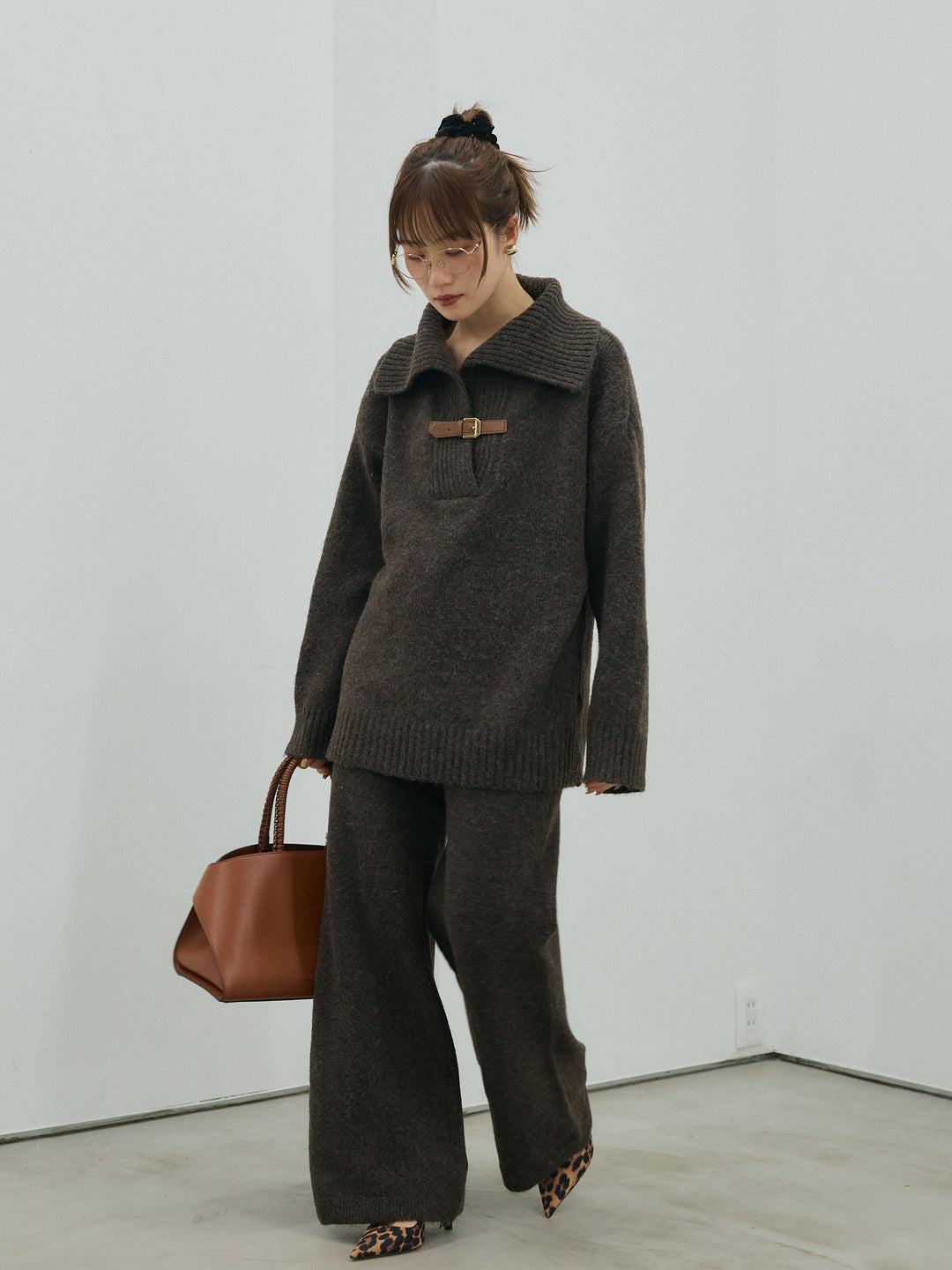 [SET]ベルトデザインポロニット&ニットパンツSET UP