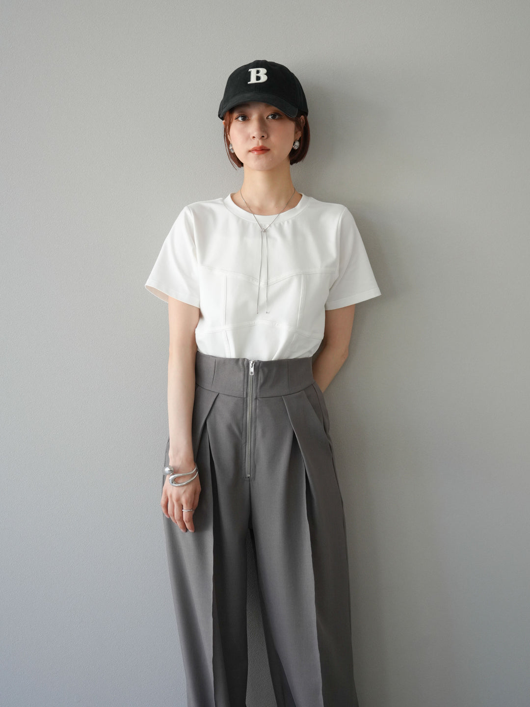 [SET]ビスチェデザインTシャツ+ジップタックワイドパンツ(2set)