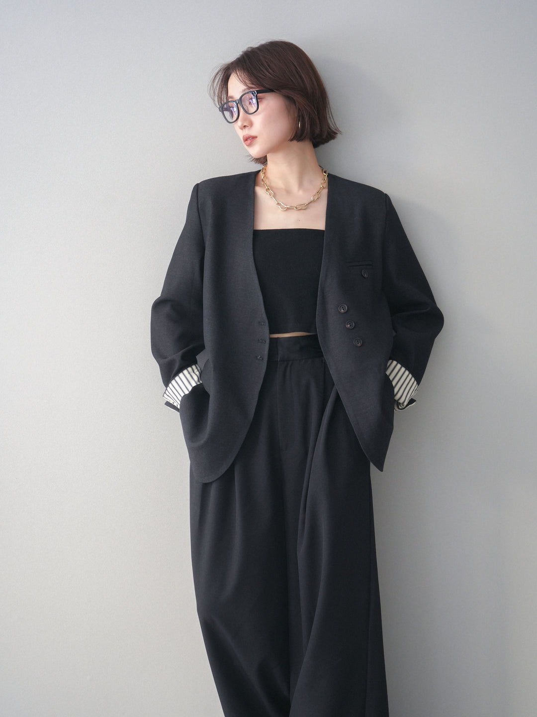 [SET]ノーカラージャケット+カップ付テレコリブベアキャミソール(2set)