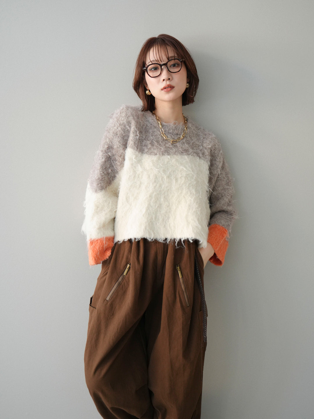 [SET]バイカラーモヘアタッチニットプルオーバー+コットンタックループパンツ(2set)