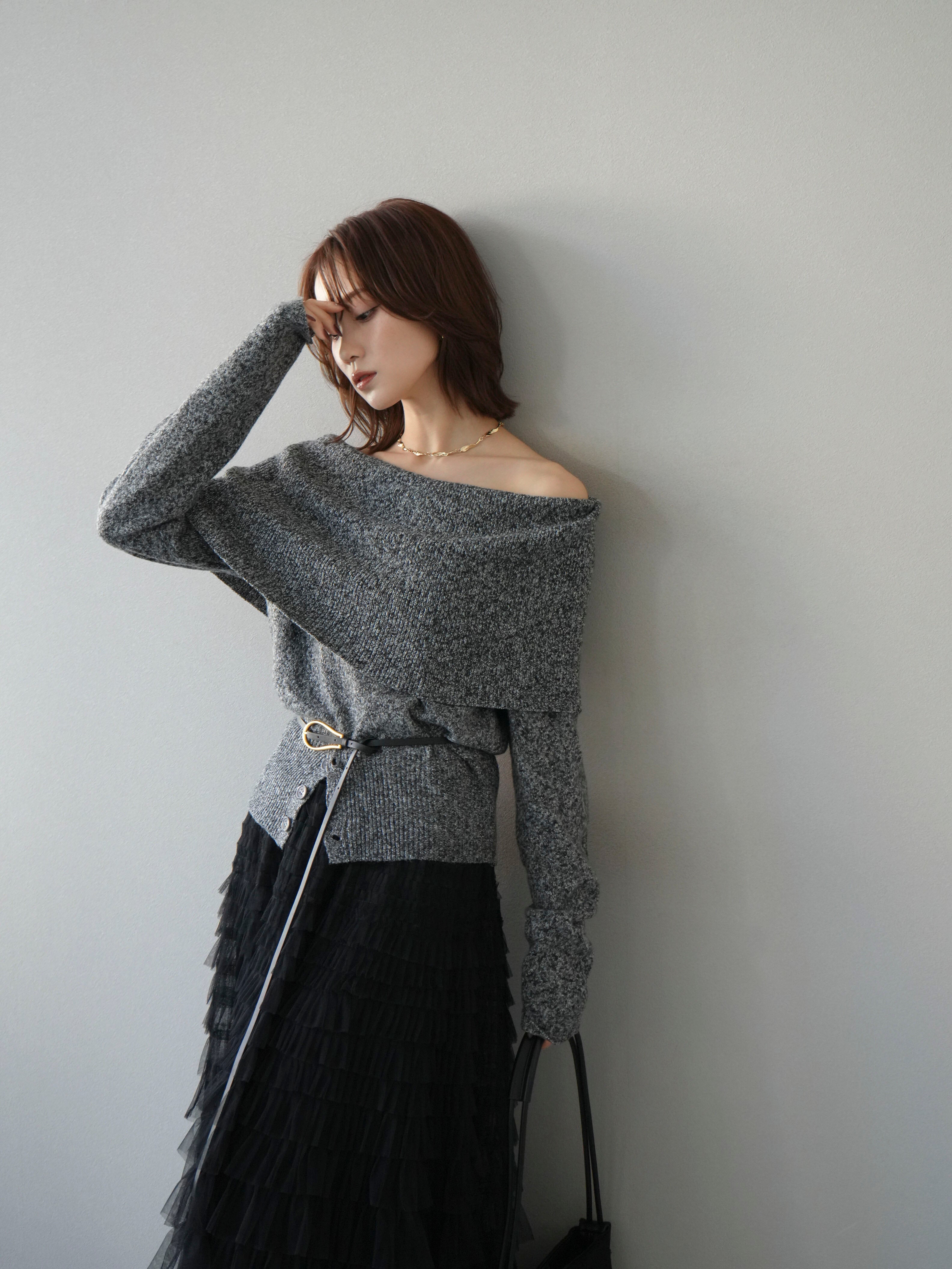 予約]ミックスヤーンオフショルニットプルオーバー/ブラック – Lumier