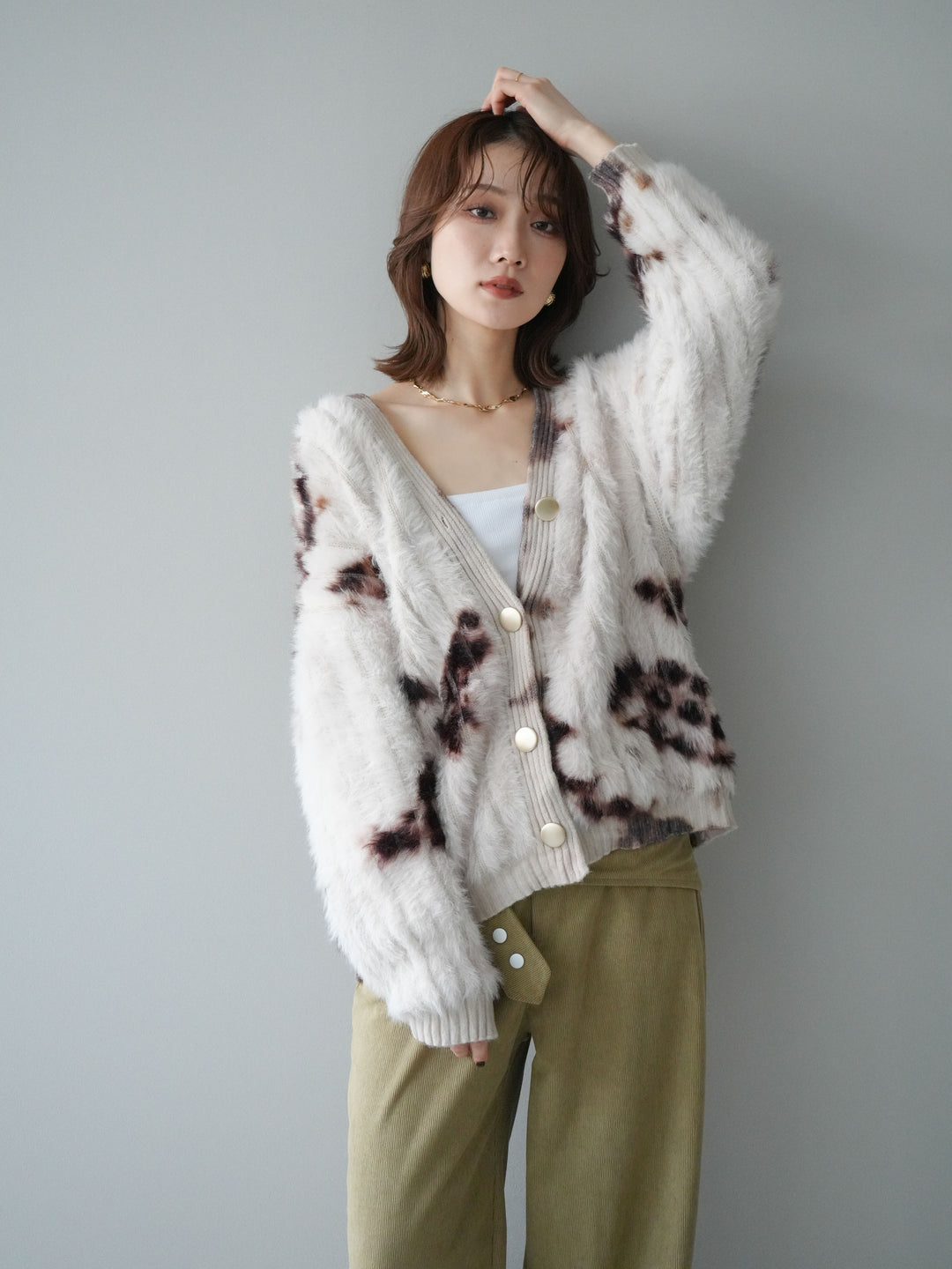 [予約]ニュアンス柄シャギーニットカーディガン/ivory