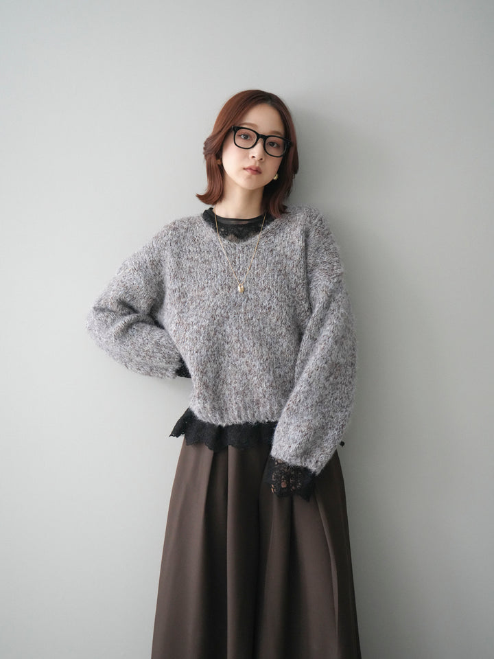 [SET]Vネックミックスヤーンニットプルオーバー+テープベルトタックバギーパンツ(2set)