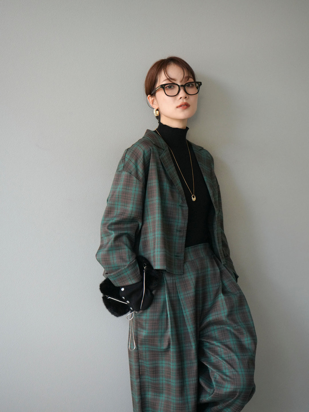 [予約]チェック柄ショートジャケット/グリーン