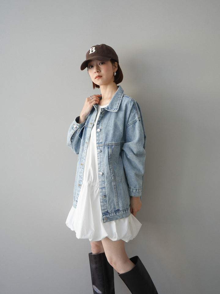 [SET]ノースリバルーンミニワンピース+デザインBIGポケットオーバーデニムジャケット(2set)