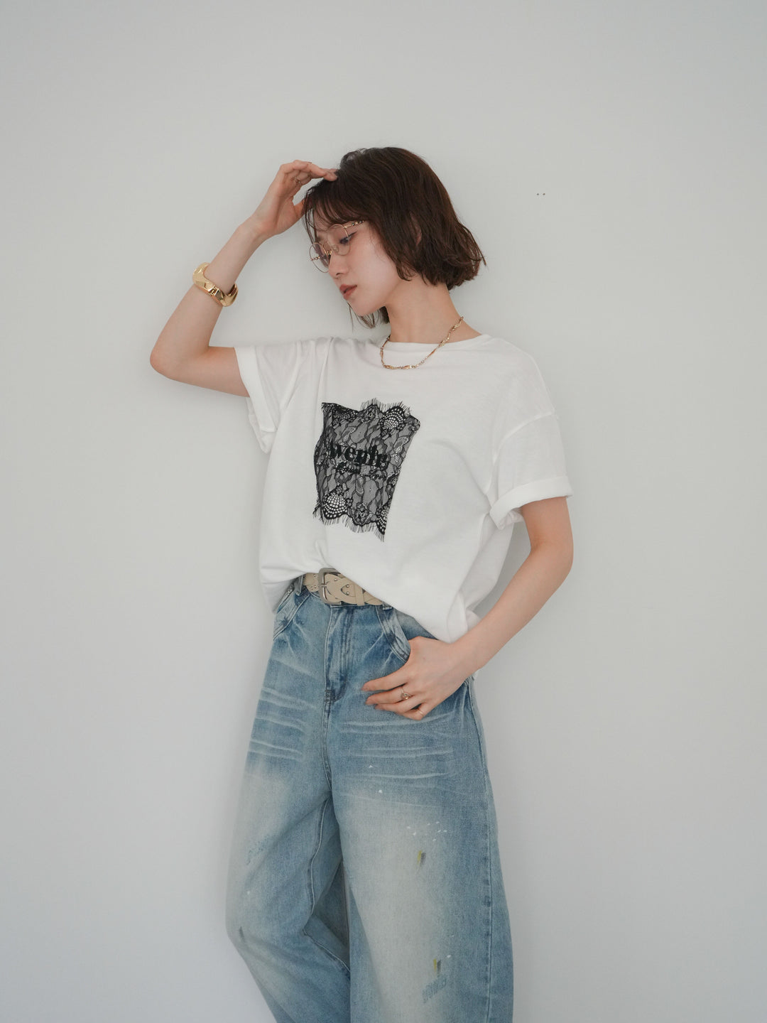 [予約]レースコラージュロゴTシャツ/off