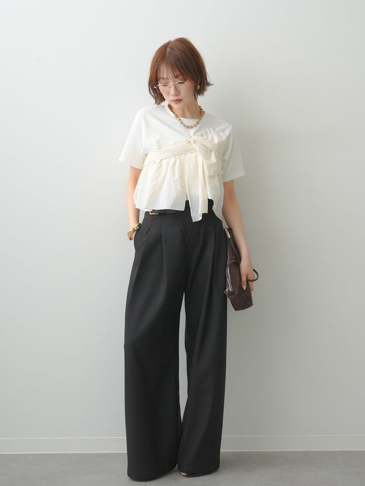 [SET]ナイロンドッキングツイストTEE +アシンメトリーベルトタックワイドパンツ(2set)