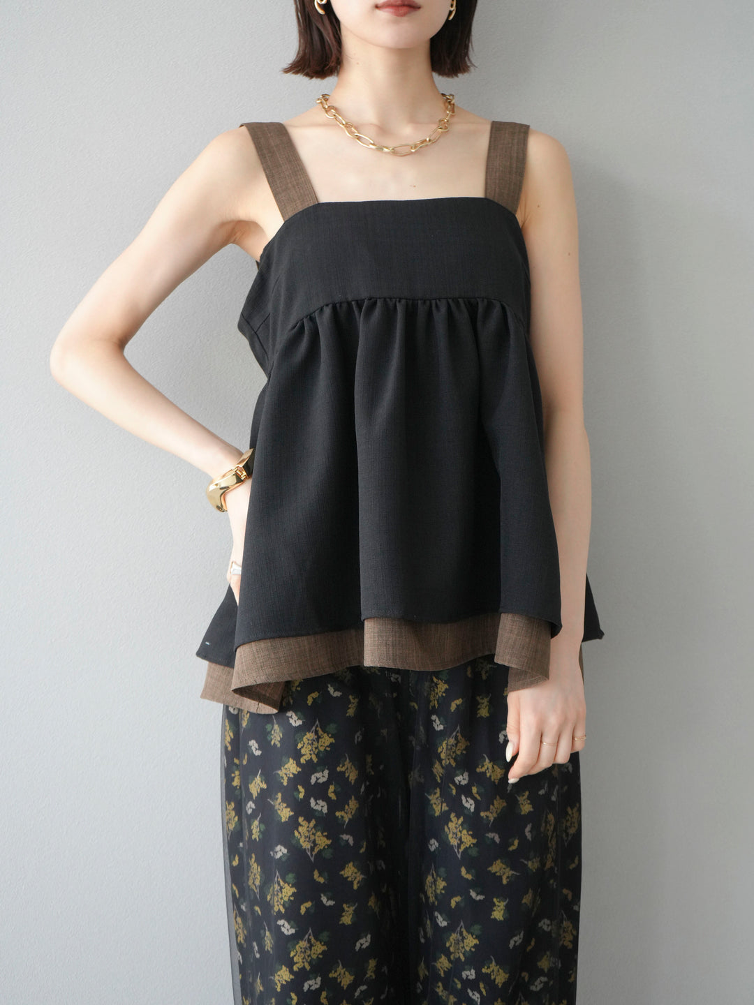 [予約]リネンライク配色フレアタンクトップ/ブラック