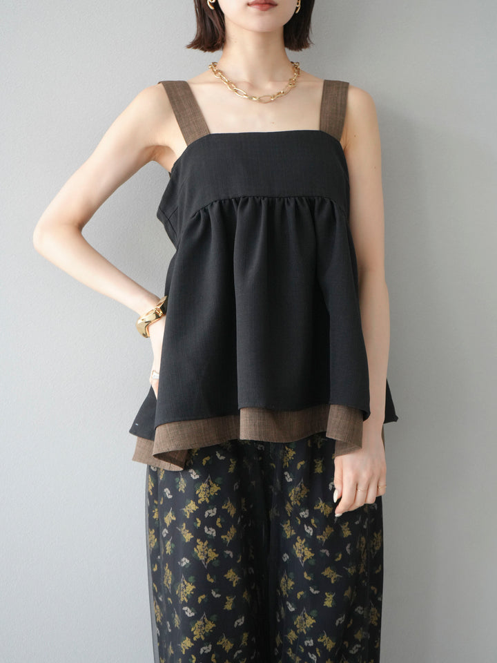 [予約]リネンライク配色フレアタンクトップ/ブラック