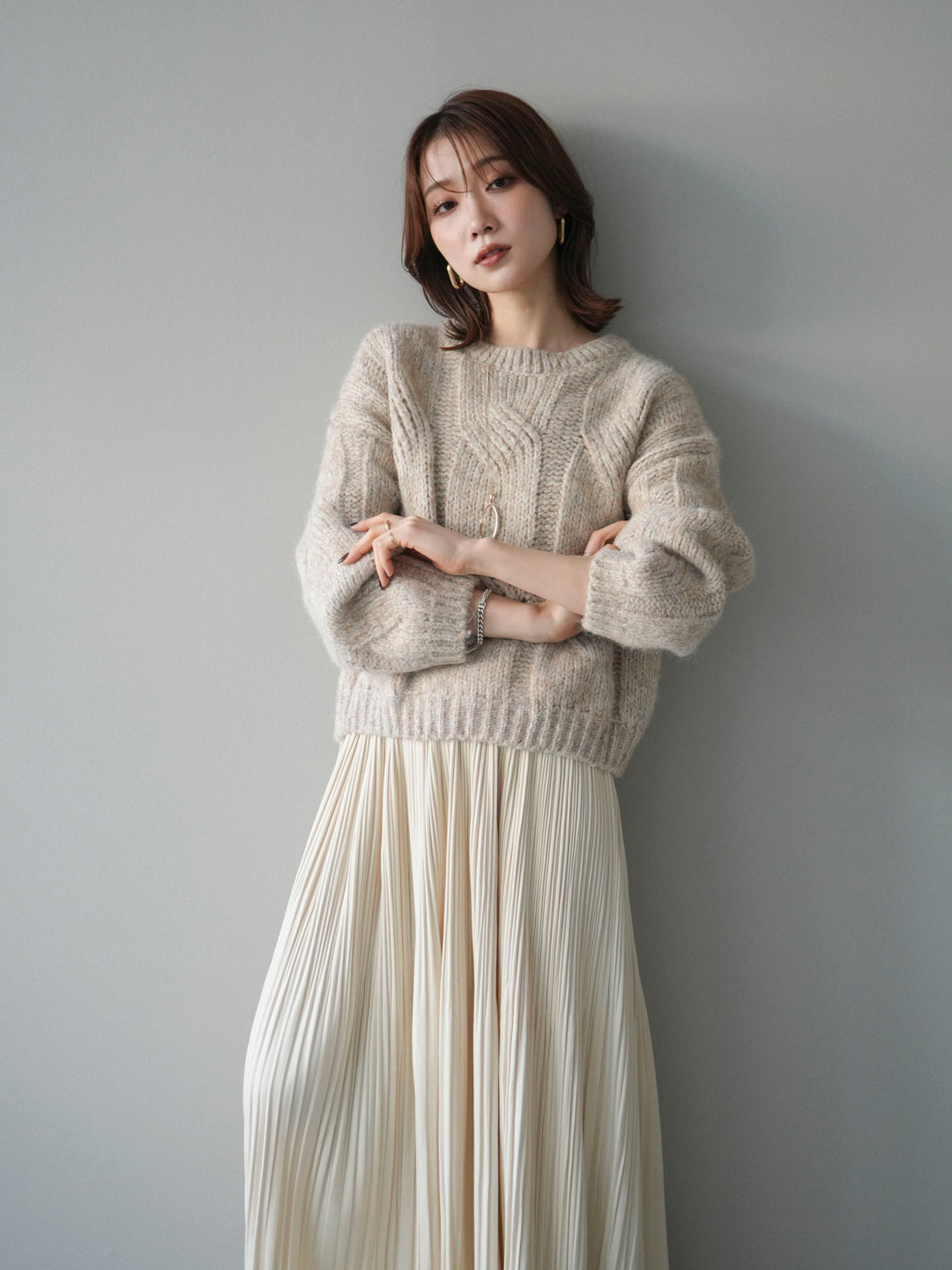 [予約]ワイドケーブルミックスニットプルオーバー/ivory