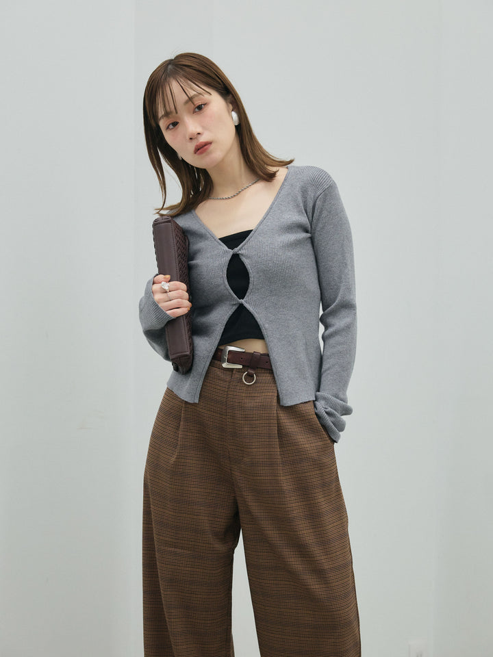 [予約]フロントツイストホールリブニットトップス/gray