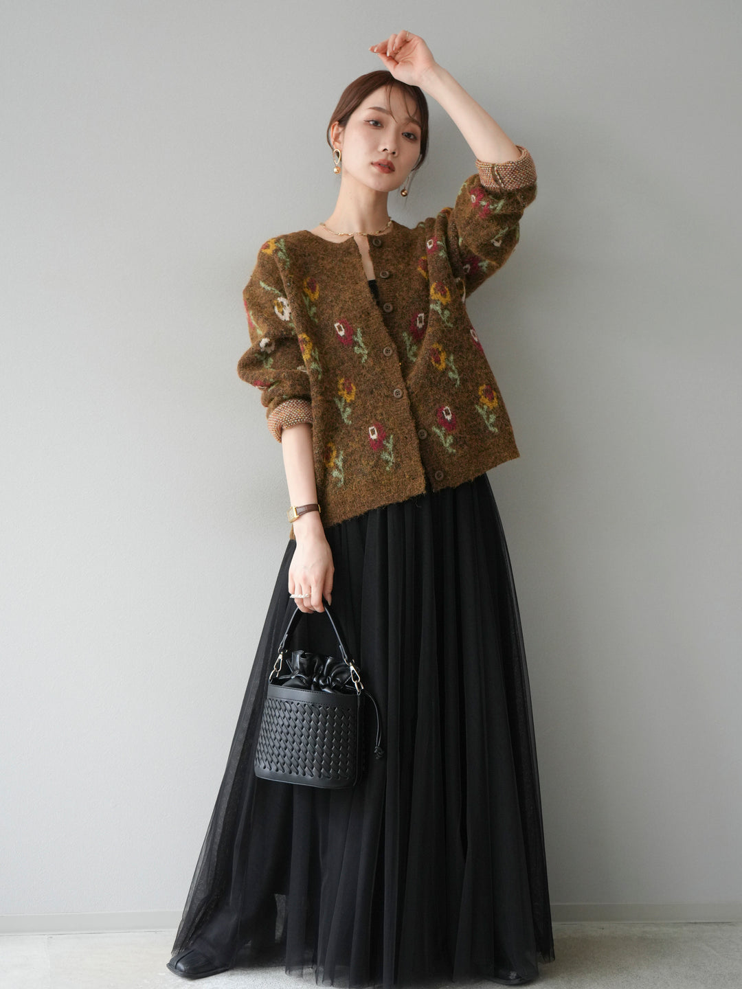 [予約]ウールタッチフラワーニットカーディガン/ブラウン