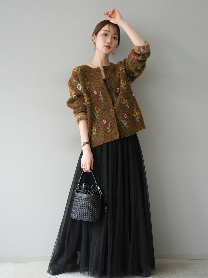 [予約]ウールタッチフラワーニットカーディガン/ブラウン