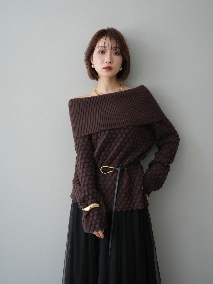 [予約]ポコポコ編みオフショルニットプルオーバー/brown