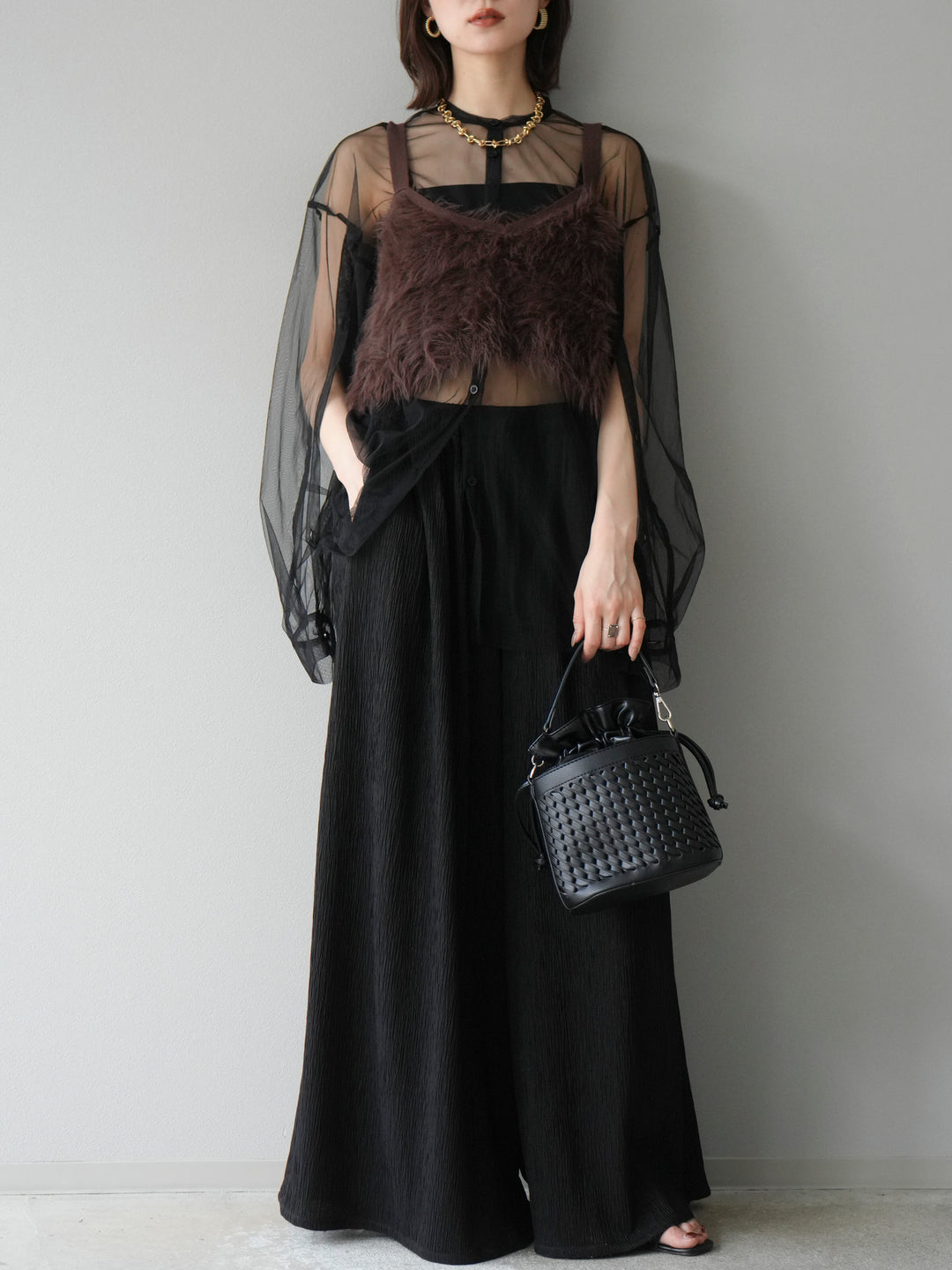 [予約]2WAYスリーブチュールシャツ/ブラック