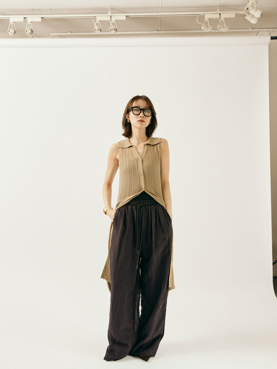 【Allure】[SET]襟付きランダムリブロングニットカーディガン+シャイニースラブシアーワイドパンツ(2set)