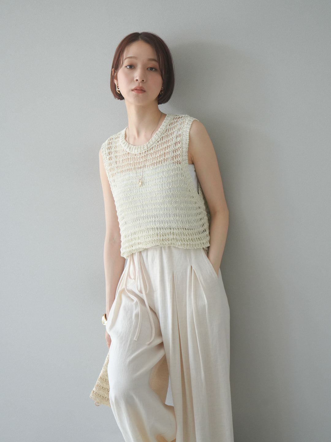 [予約]ミックスヤーン透かし編みニットタンクトップ/アイボリー