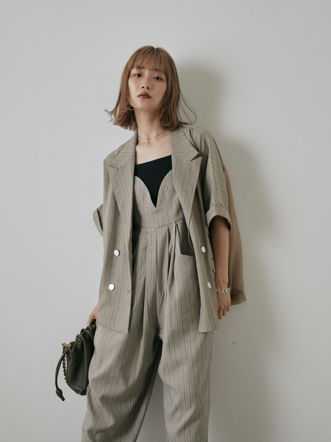 【預購】人字紋條紋工裝褲/米白色