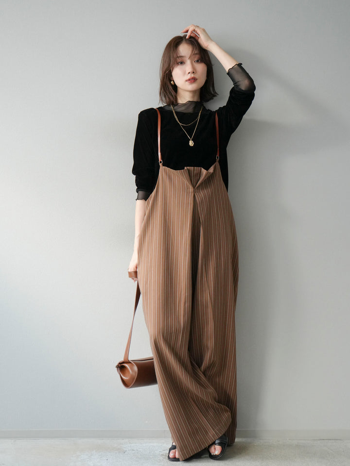 [SET]ヘリンボーンストライプサロペット+シアー切替ベロアトップス(2set)