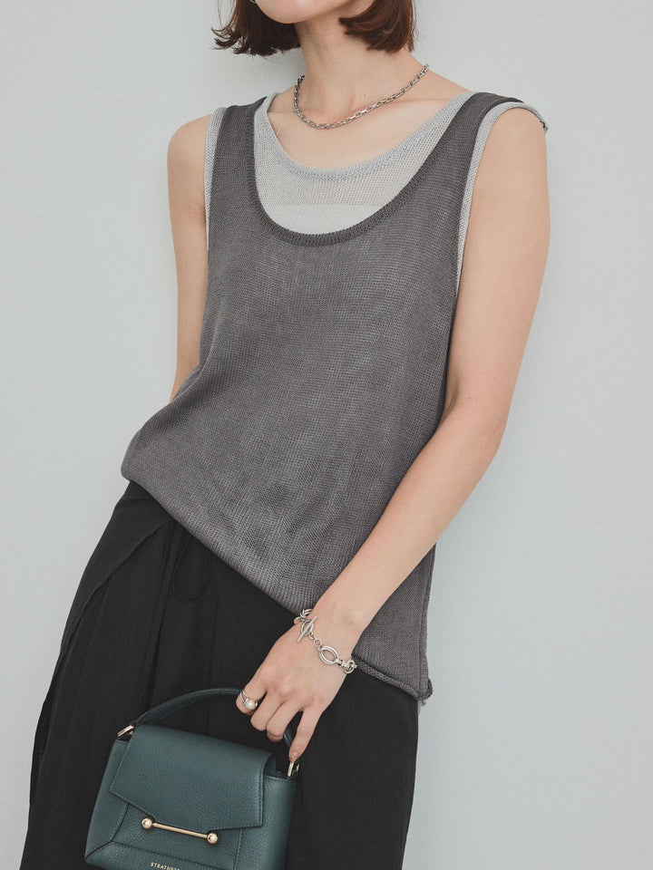 [SET]バイカラーレイヤードニットタンクトップ+ワッシャーサテンレイヤードスカートパンツ(2set)