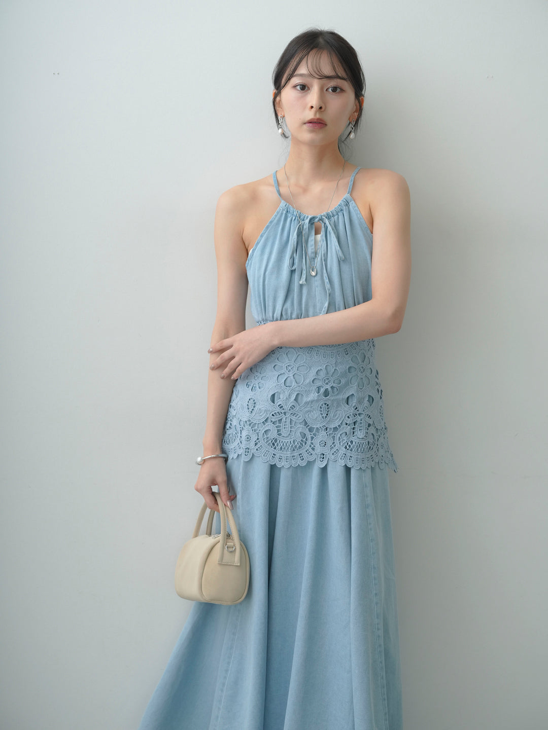 [予約]ウエストレースフレアキャミワンピース/lightblue