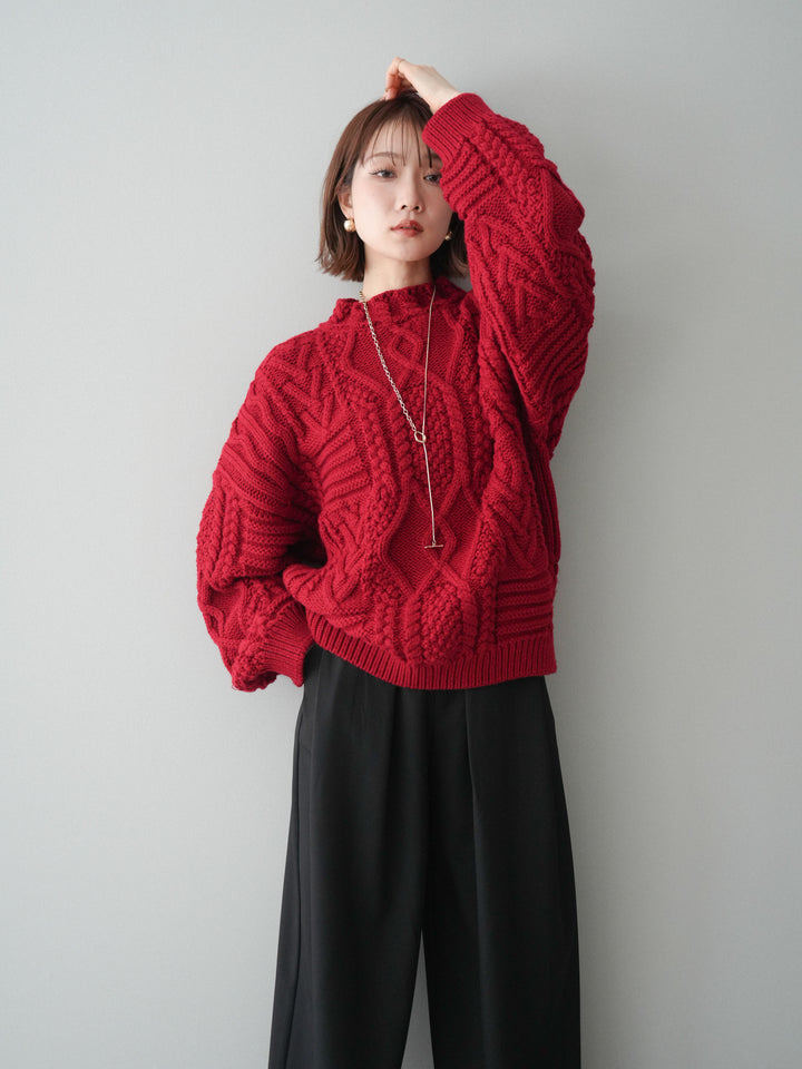 [予約]ケーブル編みモックネックニットプルオーバー/red