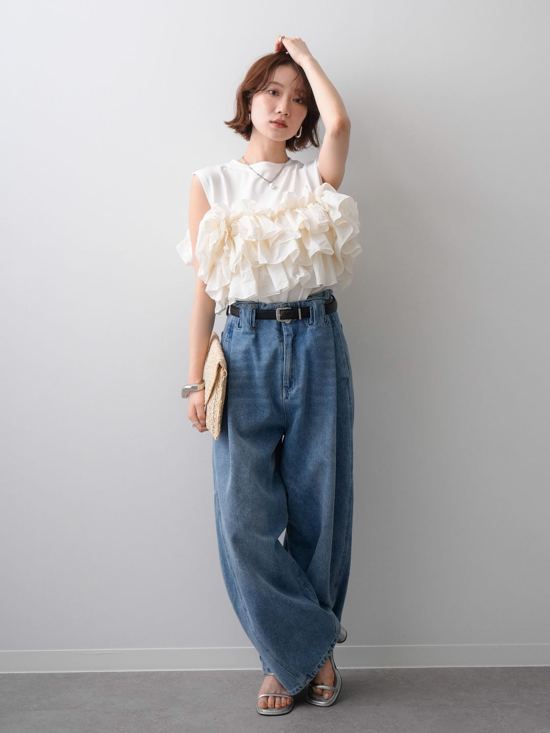 [SET]フリルドッキングノースリカットソー+ハイウエストベルトループデザインデニムパンツ(2set)
