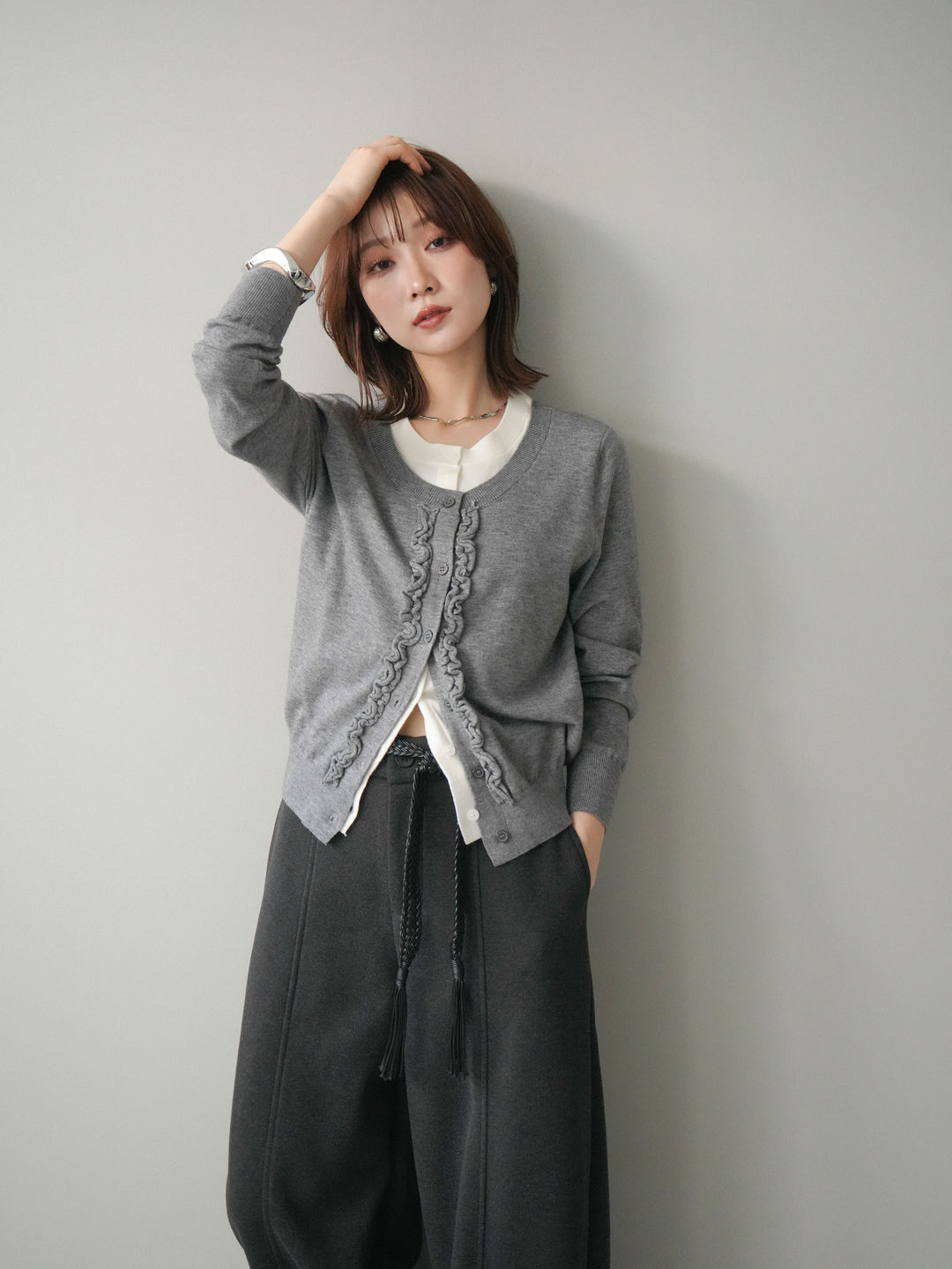 [予約]配色レイヤードフリルデザインニットカーディガン/gray