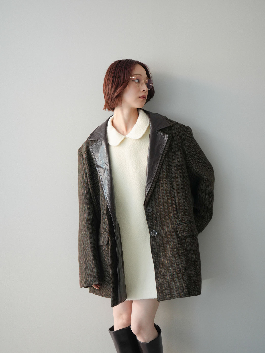 [SET]襟付きブークレミニワンピース+レイヤードデザインツイードテーラードジャケット(2set)