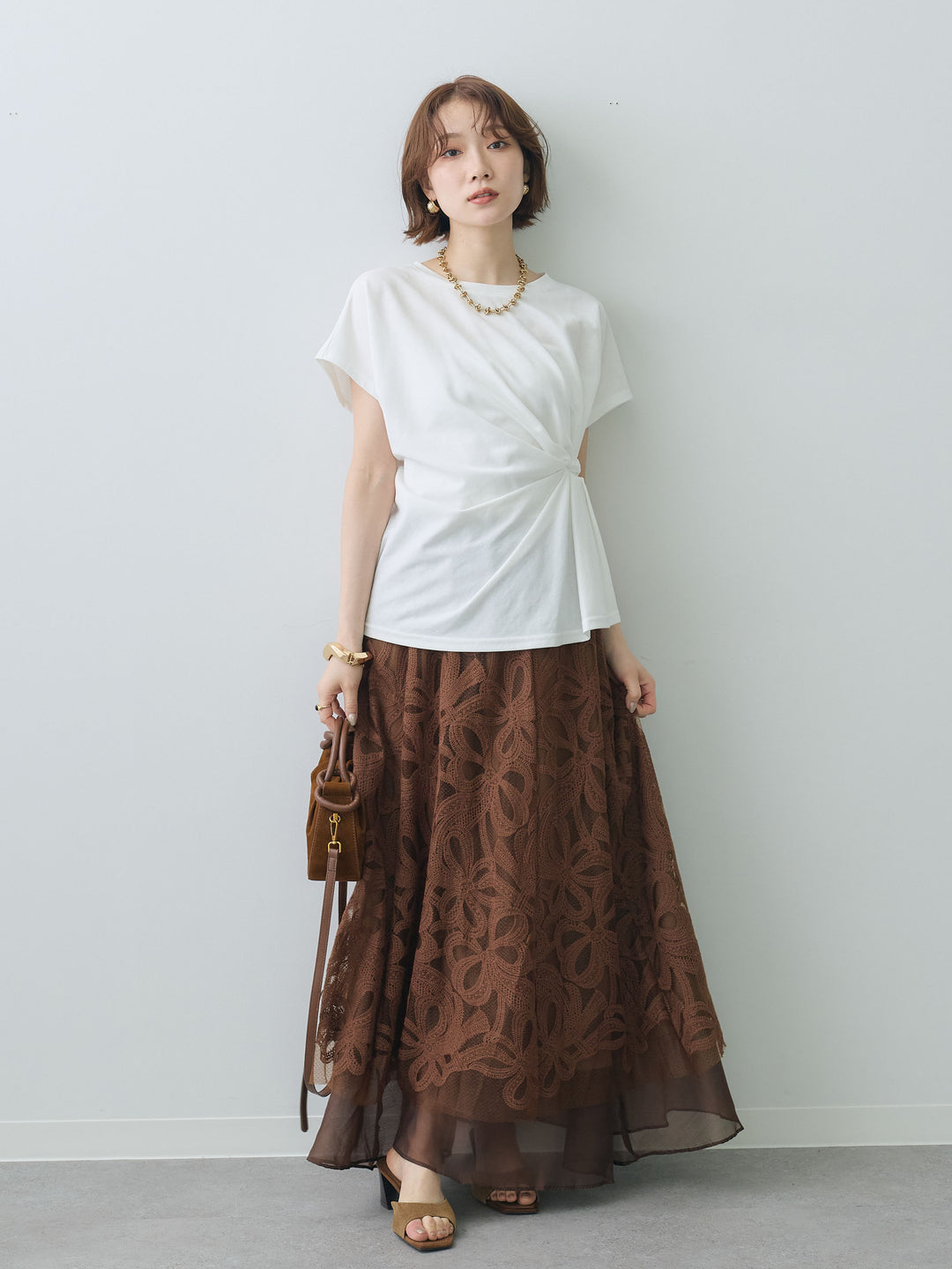 [SET]サイドノットTEE+フラワーレースレイヤードスカート(2set)
