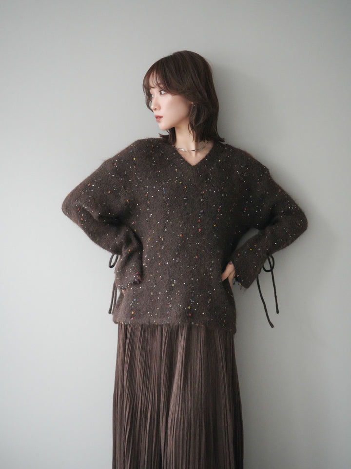 [予約]キャンディースリーブカラーネップスパンコールニットプルオーバー/brown