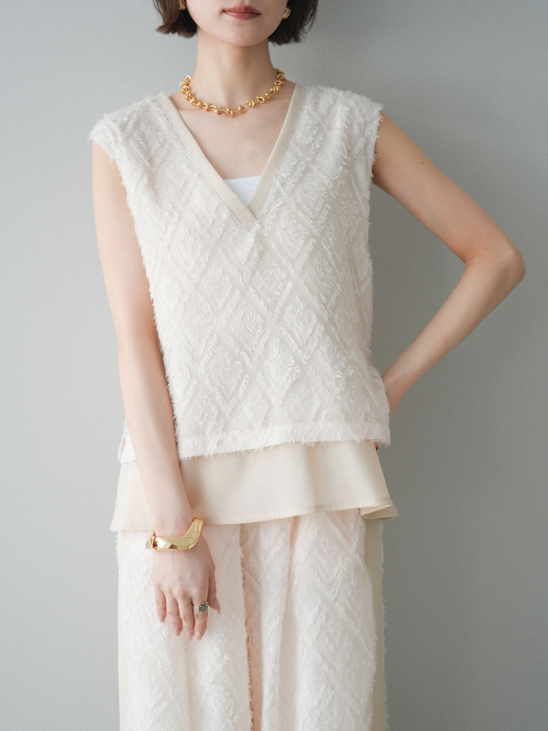 [SET]フリンジレイヤードVネックノースリーブ+フリンジイージーストレートパンツ(2set)