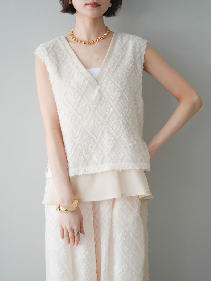 [SET]フリンジレイヤードVネックノースリーブ+フリンジイージーストレートパンツ(2set)