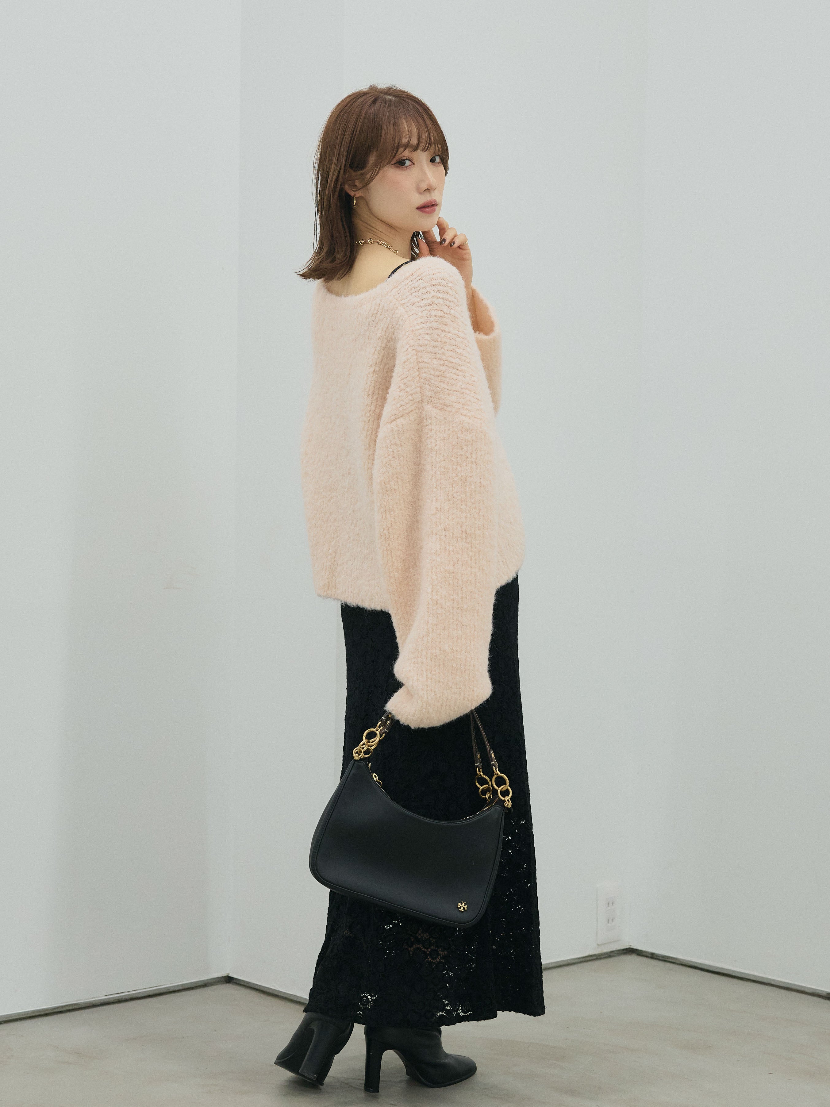 Allure】[SET]ブークレニットカーディガン+起毛レースストレッチナロー