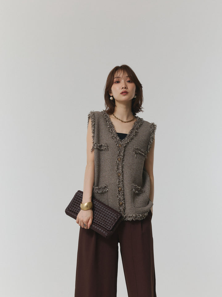 【Allure】[SET]アンティークボタンツイードフリンジニットベスト+デザインタックセンターシームアイドパンツ(2set)