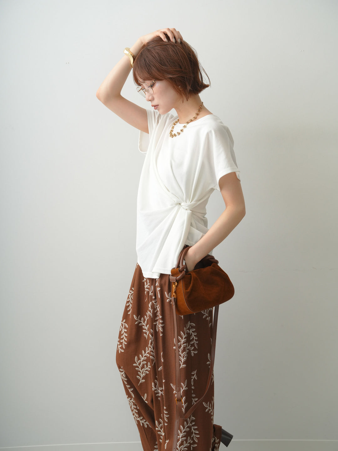 [SET]サイドノットTEE+リーフプリントタックワイドパンツ(2set)