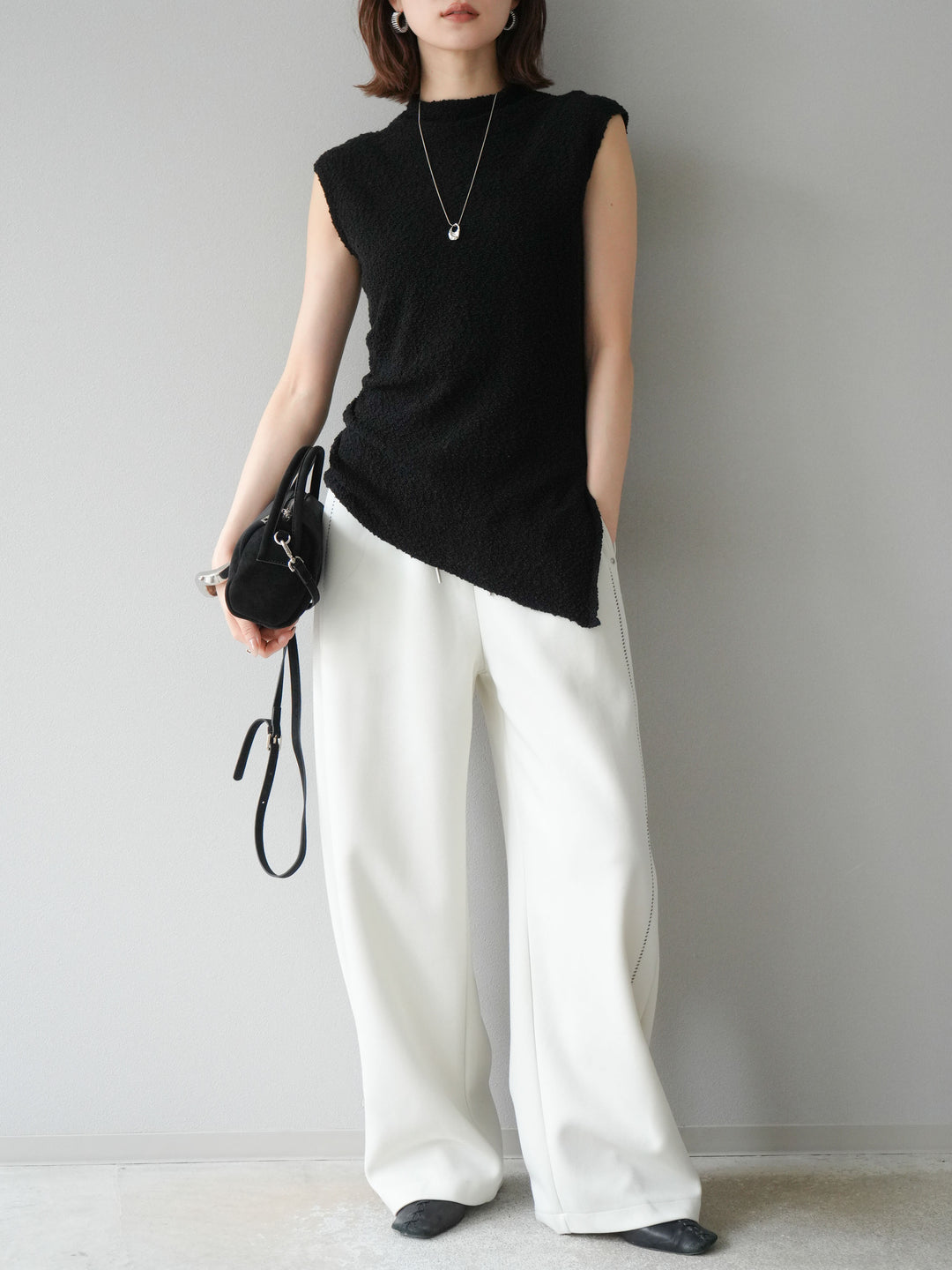 [予約]ブークレアシメニットノースリーブトップス/ブラック