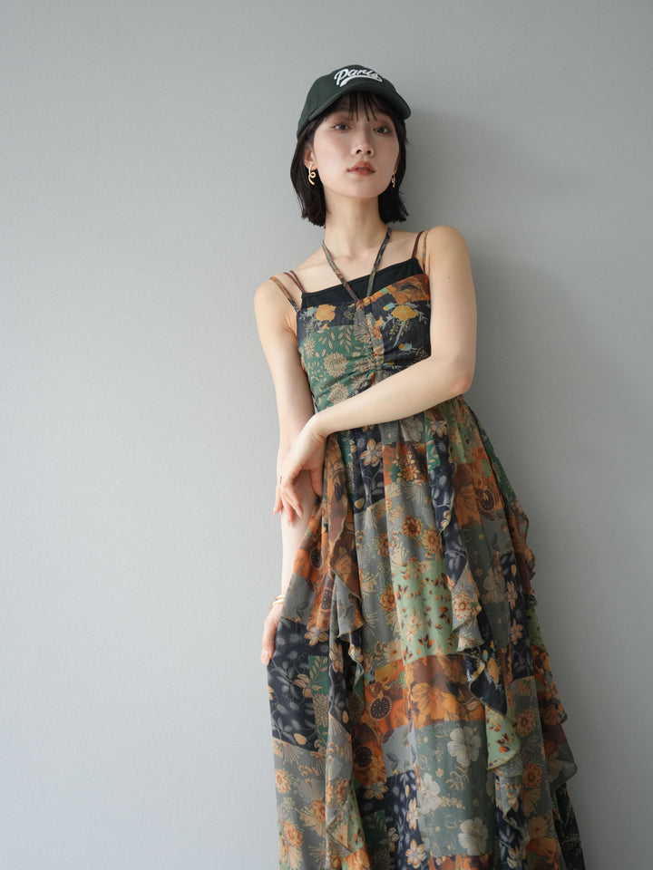 [預購] 拼布荷葉邊吊帶洋裝/混色