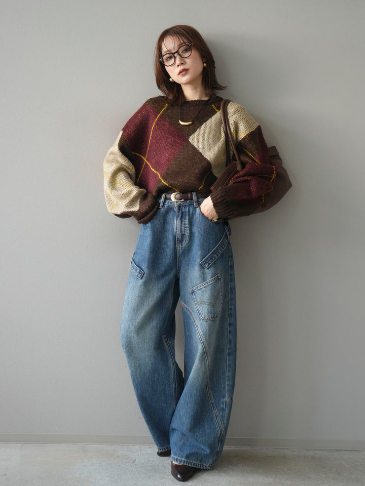 [SET]配色ステッチアーガイル柄ニットプルオーバー+ペインターカーブデニムパンツ(2set)