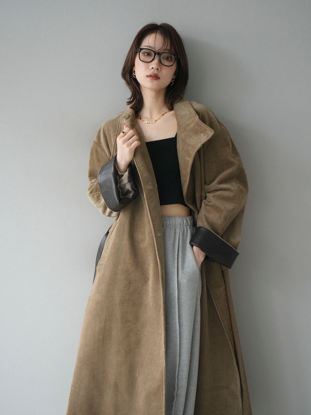 [予約]コーデュロイ折り返しレザーロングコート/beige