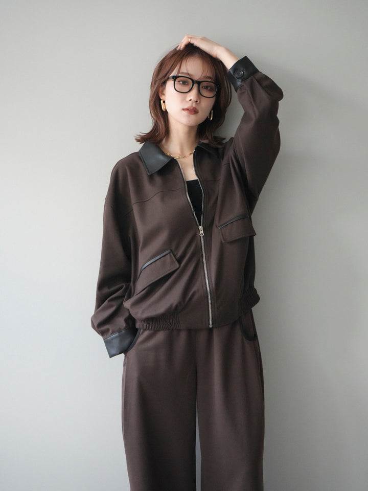 [予約]レザー襟配色パイピングブルゾン/brown