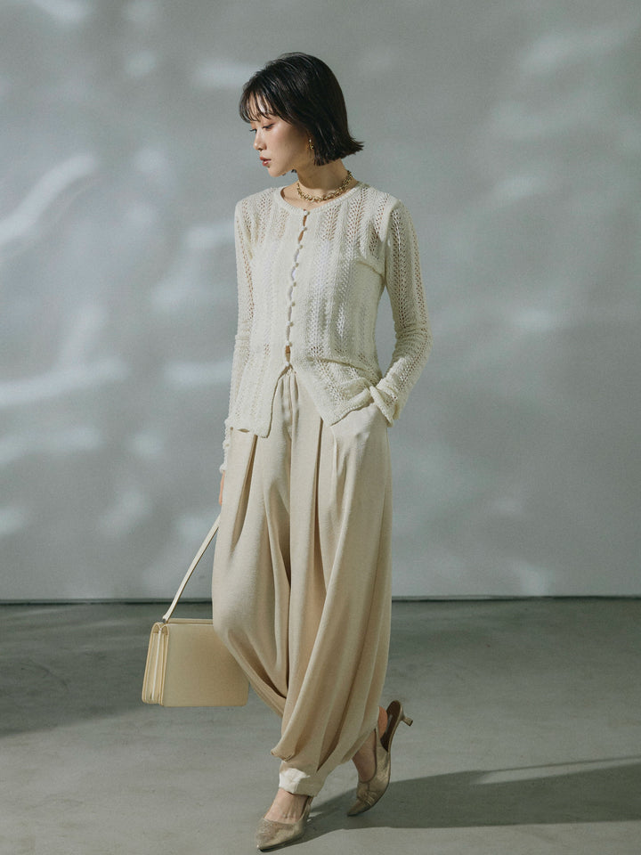 【Allure】[SET]透かし編みニットカーディガントップス+ワッシャーサテンタックジョガーパンツ(2set)