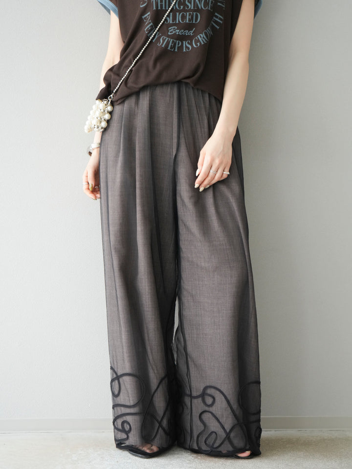 [SET]シアーフライス ロゴプリントT +コード刺繍チュールレイヤードパンツ(2set)