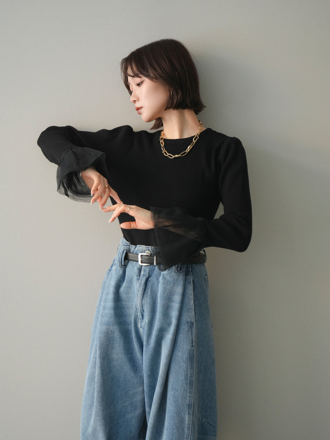 [SET]袖チュールパワショルリブニットトップス+袖チュールパワショルリブニットトップス(2set)