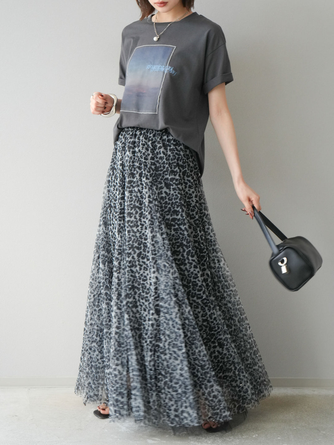 [予約]レオパードチュールレイヤードプリーツスカート/ブラック