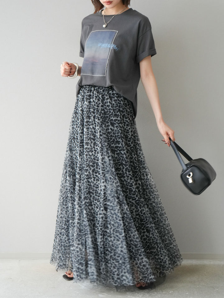 [予約]レオパードチュールレイヤードプリーツスカート/ブラック
