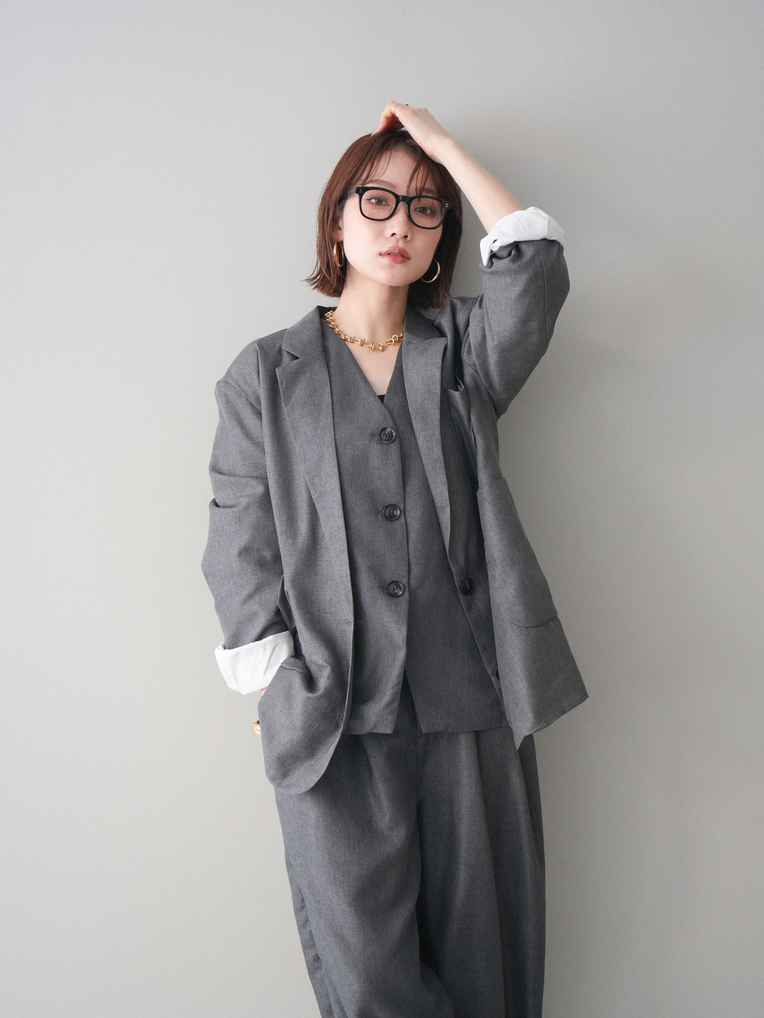 [SET]リネンライクテーラードジャケット+リネンライクバックオープンジレ+リネンライクタックワイドパンツ(3set)
