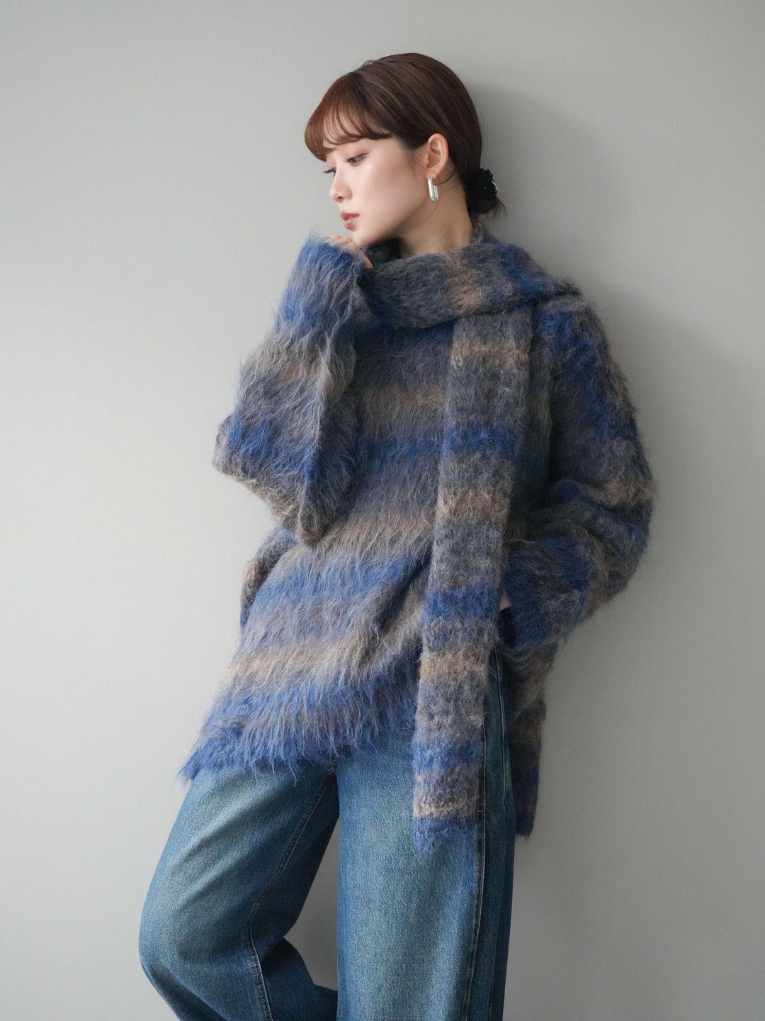 [予約]ストール付シャギーマルチボーダーニットプルオーバー/blue