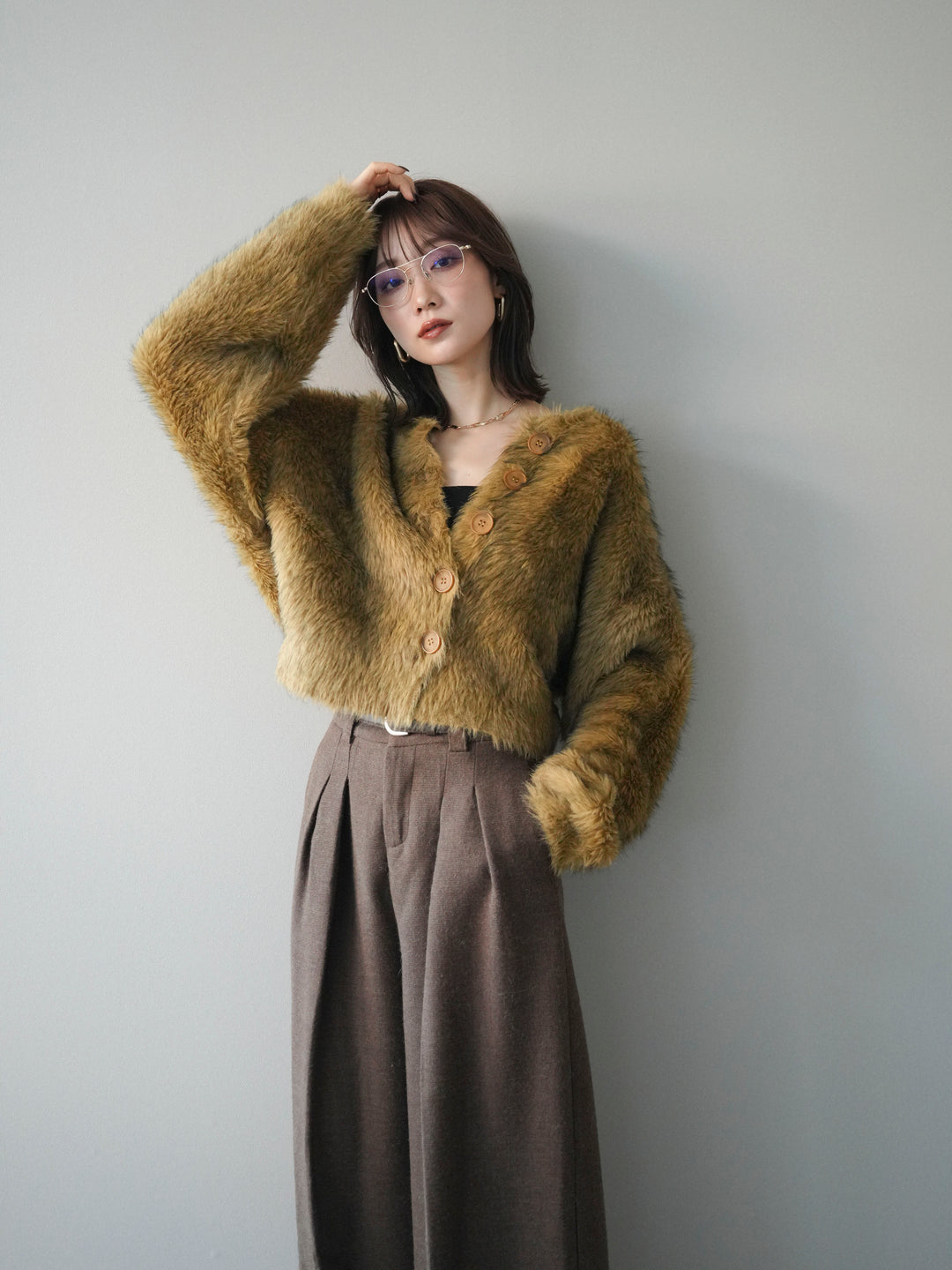 [予約]ミックスシャギーショートニットカーディガン/green