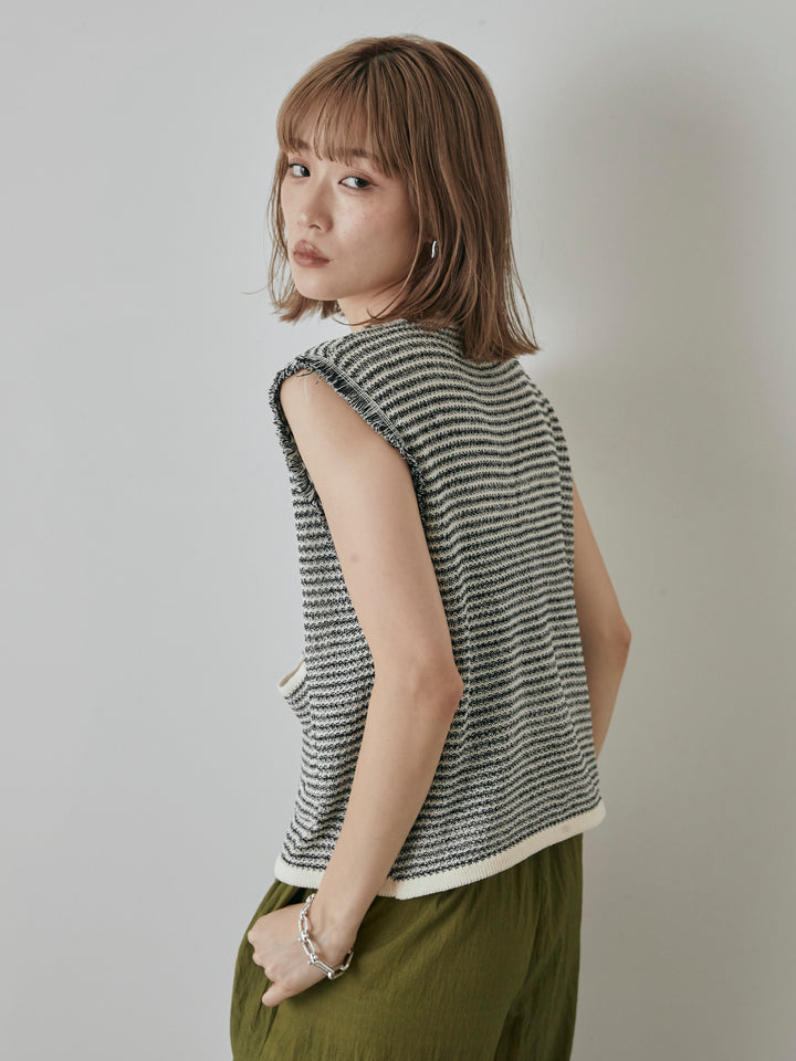 [予約]ボーダー袖フリンジニットベスト/オフ